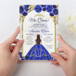 Convite Royal Blue Floral Princesa Dourada Quinceanera