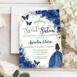 Convite Royal Blue Floral Princess Sweet 16 Aniversário