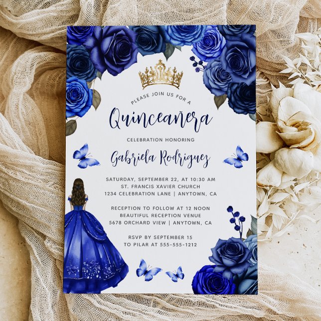 Convite Royal Blue Floral Quinceañera (Criador carregado)