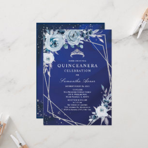 Convite Royal Blue Floral Quinceañera