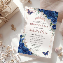 Royal Blue Floral Rosa Dourado Quinceañera Birthda