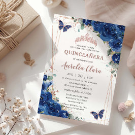 Convite Royal Blue Floral Rosa Dourado Quinceañera Birthda