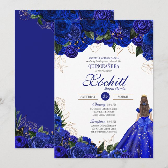 Convite Royal Blue Floral Rosas Elegante Quinceañera (Frente/Verso)
