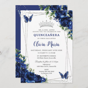 Convite Royal Blue Floral Silver Quinceañera Butterflies