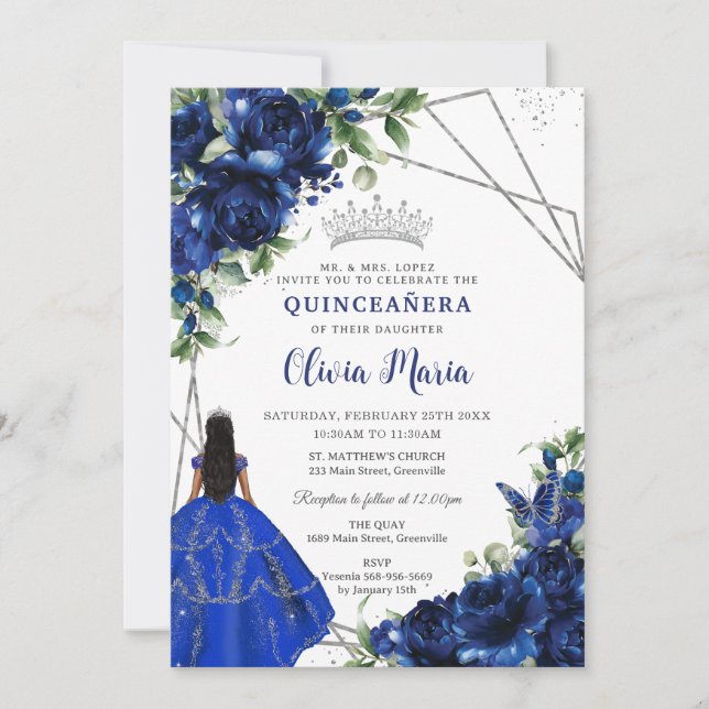Convite Royal Blue Flowers Princesa Silver Quinceañera (Frente)