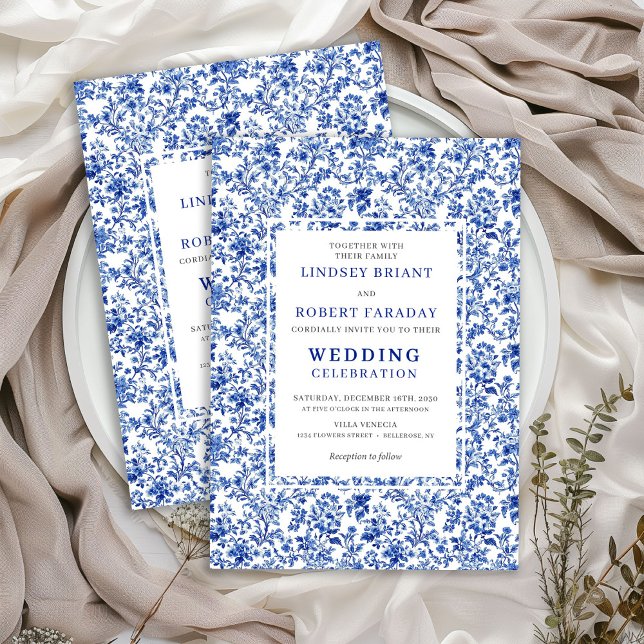 Convite Royal Blue French Toile Floral Wedding Invitation (Royal Blue French Toile Floral Wedding Invitation)