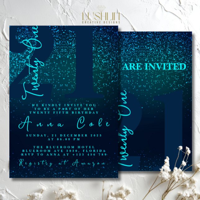 Convite Royal Blue Glitter Birthday - Festa de Glama (Criador carregado)