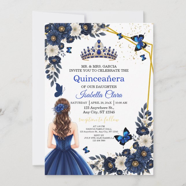 Convite Royal Blue Gold Butterfly Quinceañera Invite (Frente)
