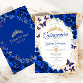 Convite Royal Blue Gold Floral Quinceanera