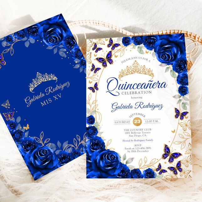 Convite Royal Blue Gold Floral Quinceanera (Criador carregado)