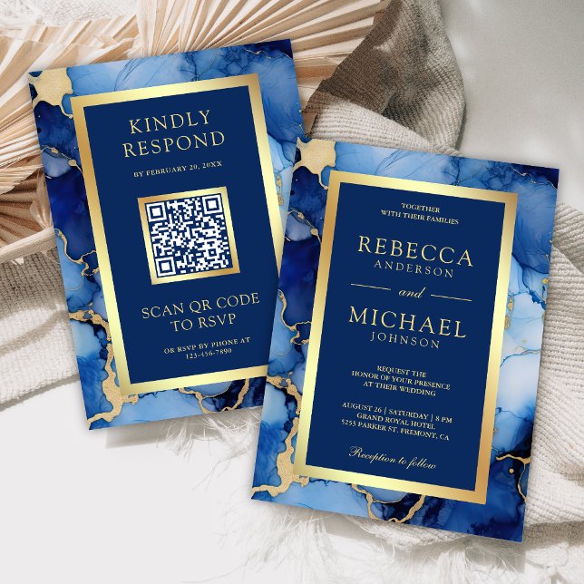 Convite Royal Blue Gold Fluid Ink QR Code Wedding (Criador carregado)