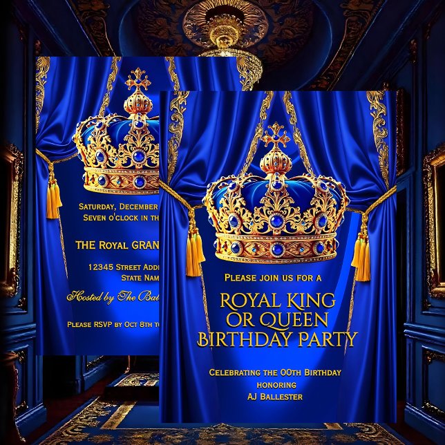 Convite Royal Blue Gold King Queen Crown Birthday Party (Criador carregado)