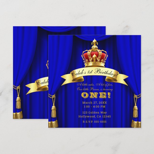 Convite Royal Blue Gold Royal Crown 2 Prince Aniversário d (Frente/Verso)