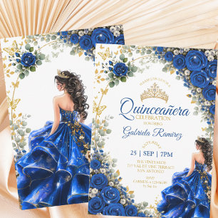 Convite Royal Blue Golden Quinceañera Borboletas