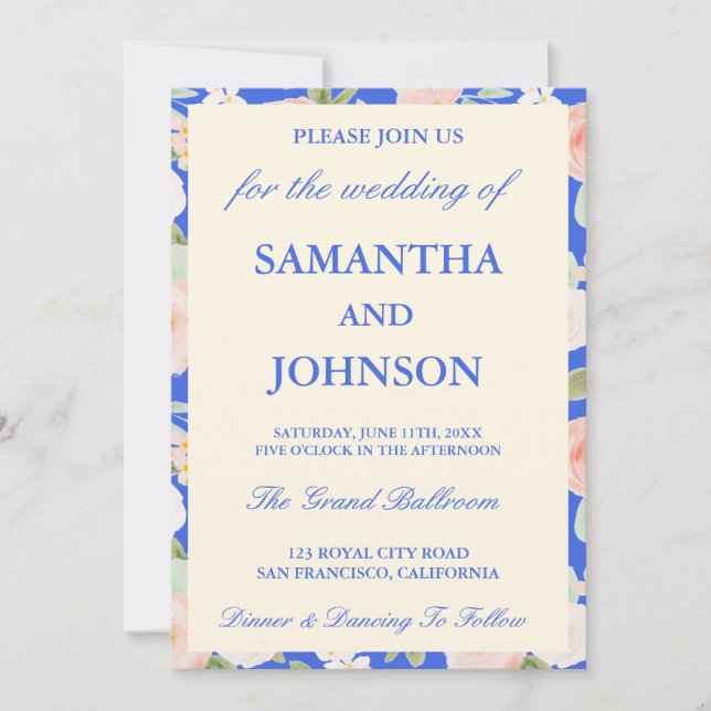 Convite Royal Blue Ivory Floral Monogram Photo Wedding (Frente)