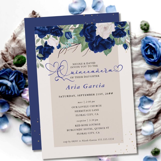 Convite Royal Blue Ivory Floral Rosas Quinceanera e Massa (Criador carregado)