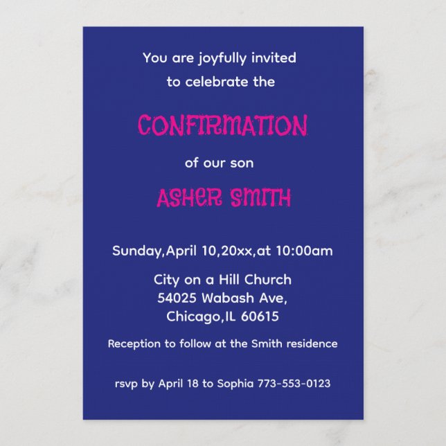 Convite Royal Blue & Magenta Son's Confirmation Invitation (Frente)