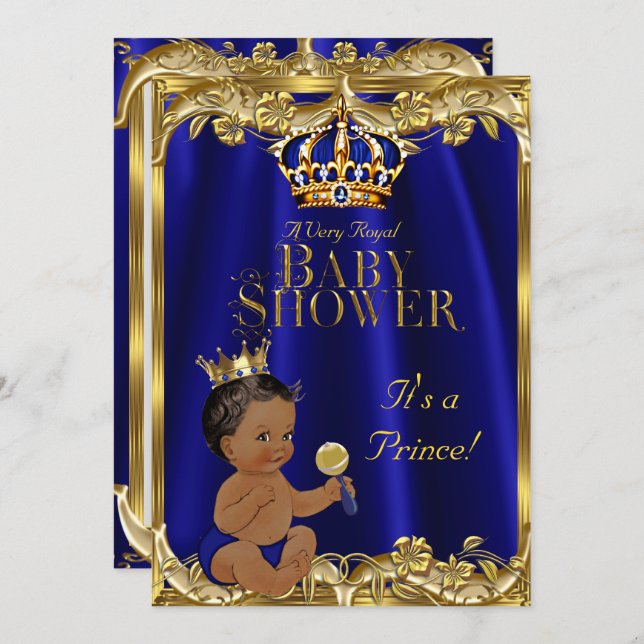 Convite Royal Blue Marinho Dourado Prince Chá de fraldas E (Frente/Verso)