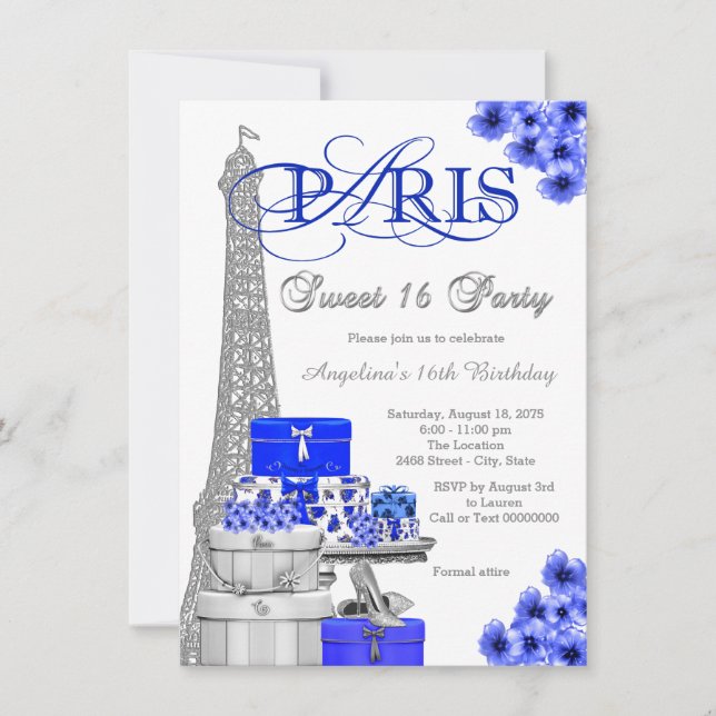 Convite Royal Blue Paris Sweet 16 Party (Frente)