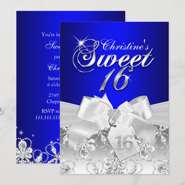 Convite Royal Blue Pretty Diamond Bow Sweet 16 (Frente/Verso)