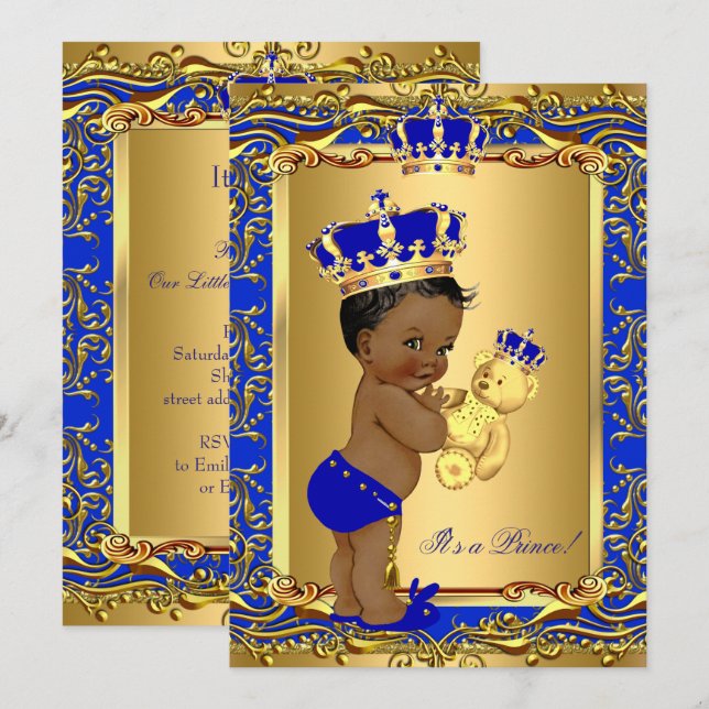 Convite Royal Blue Prince Crown Chá de fraldas Bear Étnica (Frente/Verso)