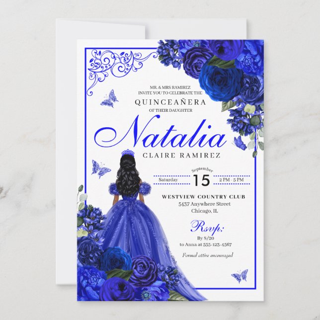 Convite Royal Blue Princess & Butterflies Quinceañera (Frente)