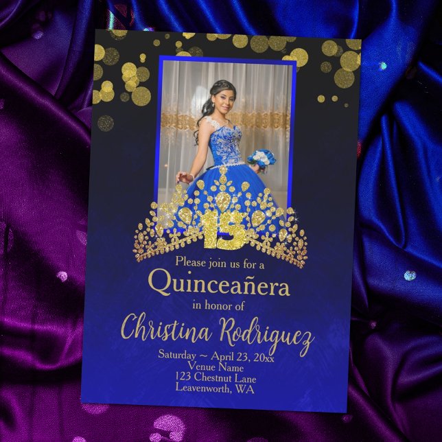 Convite Royal Blue Princess Dress Quinceanera Dourada Tiar (elegant royal blue and gold quinceanera invitations with gold crown and gold number 15)