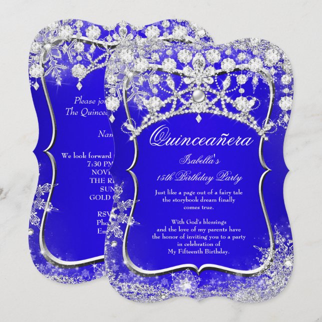 Convite Royal Blue Quinceanera 15 Winter Wonderland (Frente/Verso)