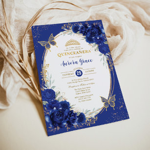 Convite Royal Blue Quinceañera Borboleta Floral Tiara
