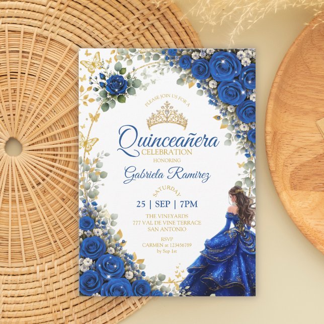 Convite Royal Blue Quinceañera Borboletas Douradas  (Criador carregado)