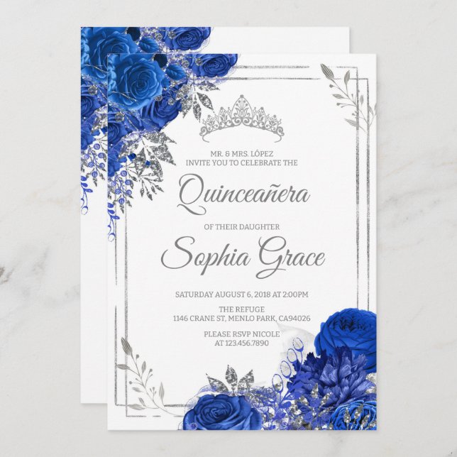 Convite Royal Blue Quinceañera Butterflies Mis Quince (Frente/Verso)