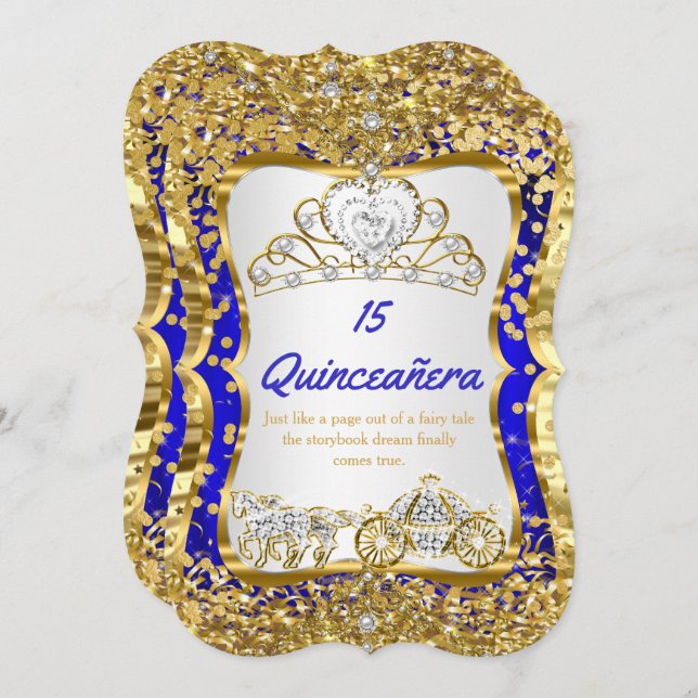 Convite Royal Blue Quinceanera Magia Tiara Dourada (Frente/Verso)