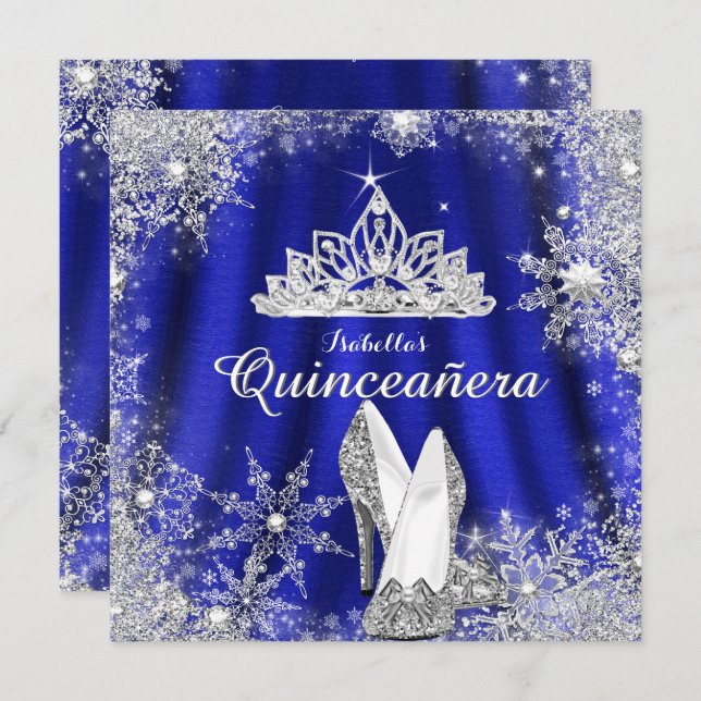 Convite Royal Blue Quinceanera Silver Tiara 15 Birthday (Frente/Verso)