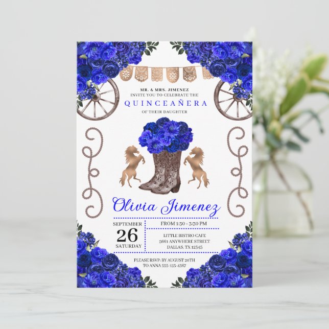 Convite Royal Blue Ranchero Floral Boots Quinceanera (Em pé/Frente)