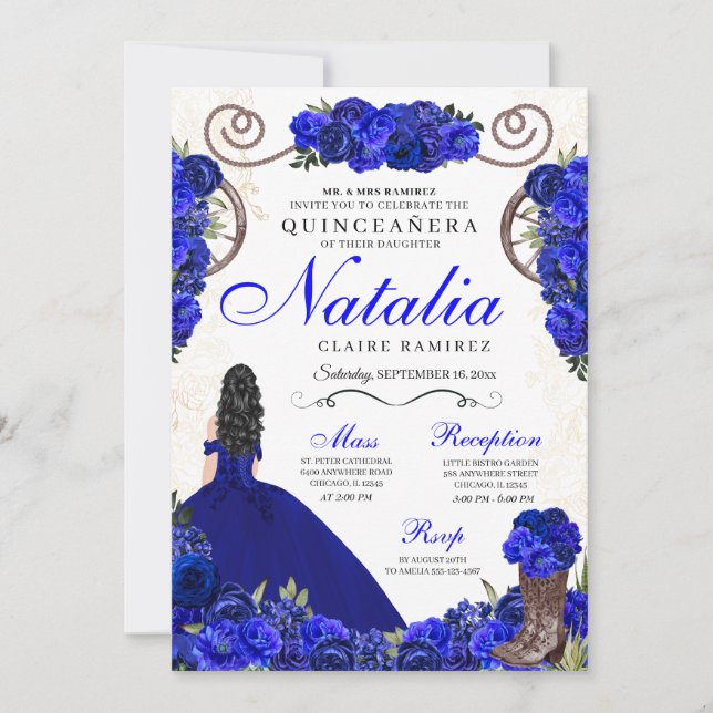 Convite Royal Blue Ranchero Princess Quinceanera (Frente)