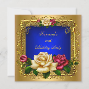 Convite Royal Blue Red Cream Rosas Elegante Dourado Aniver