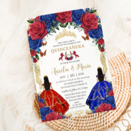 Convite Royal Blue Red Floral Girls Twins Quinceañera 15