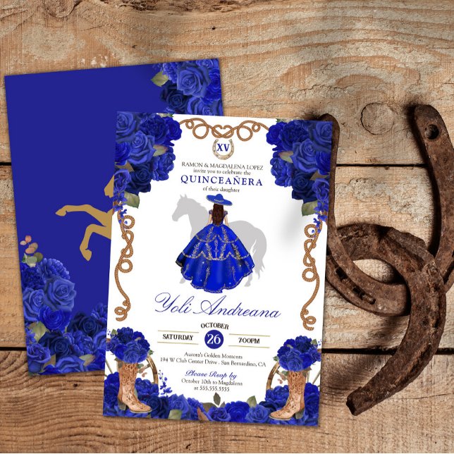 Convite Royal Blue Rosa Boots Charra Vestidos Quinceañera (Criador carregado)