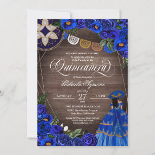 Convite Royal Blue Rosa Charro/Mariachi Rustic Quinceanera