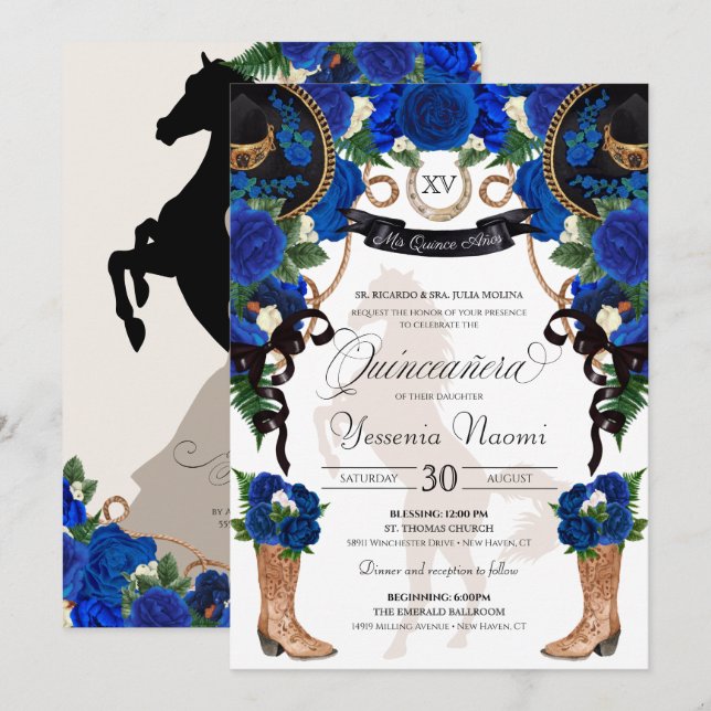 Convite Royal Blue Rosa e Black Western Charro Quinceanera (Frente/Verso)