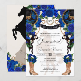 Convite Royal Blue Rosa e Black Western Charro Quinceanera