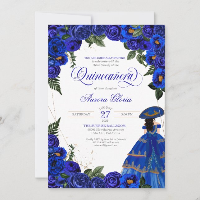 Convite Royal Blue Rosa Elegante Charro Dress Quinceaner (Frente)