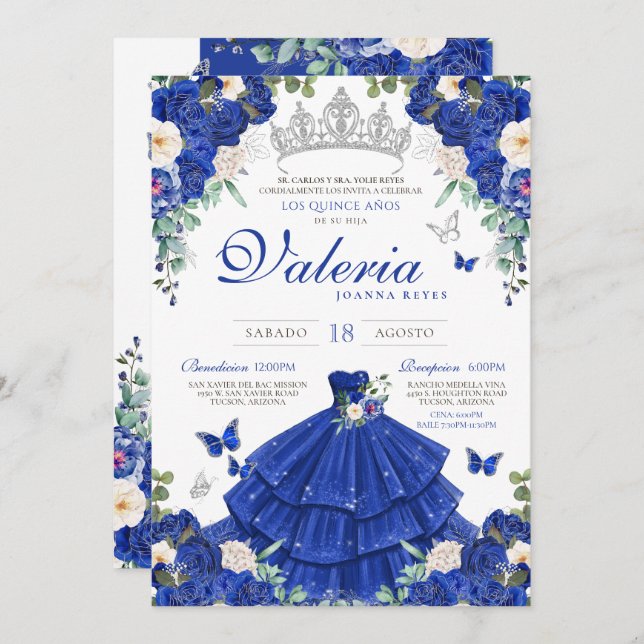 Convite Royal Blue Rosa Silver Princess Quinceanera (Frente/Verso)