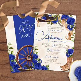 Convite Royal Blue Rosa Vintage Charro Western Quinceanera