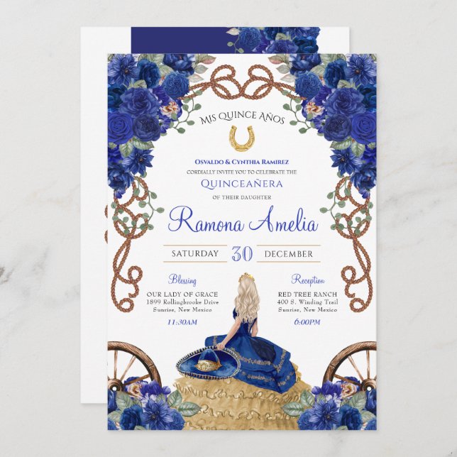 Convite Royal Blue Rosa Western Charra Quinceañera (Frente/Verso)