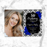 Convite Royal Blue Rosas Black Damask Foto 50th Birthday<br><div class="desc">Elegante convite floral feminino para o 50º aniversário com sua foto. Design azul real branco preto-claro com cinza azul escura. Apresenta cor damasco preta e branca, rosas de safira, fonte de script e confetti. Perfeito para uma festa de comemoração de na moda adulto. Personalize com seus próprios detalhes. Pode ser...</div>