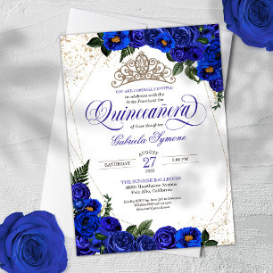 Convite Royal Blue Rosas e Dourada Tiara Elegante Quinceañ