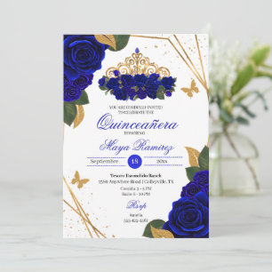 Convite Royal Blue Rosas Tiara Dourado Glitter Quinceañera