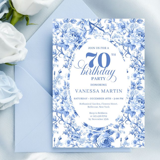 Convite Royal Blue Roses 70th Birthday Invitation (Royal Blue Roses 70th Birthday Invitation)