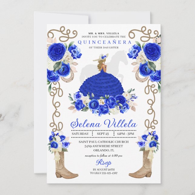 Convite Royal Blue Rustic Western Charro Quinceañera (Frente)